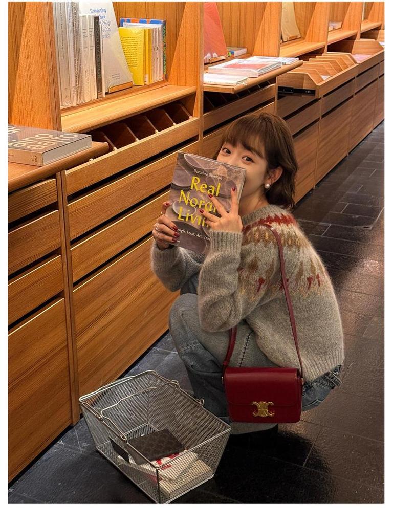 Navy Blue Fair Isle Knit Mohair Sweater for Women - Autumn/Winter Korean Style Christmas Atmosphere Loose Fit