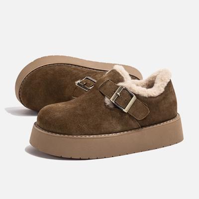 Woman Thickened Fur Plush Thick-soled Shoes Vintage Round Toe Buckle Buckle Boken Shoes 2024 Autumn Winter New Warm Cotton Shoes