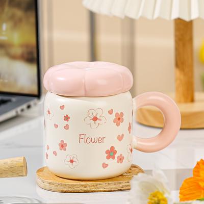Household Fresh Tulip with Lid Ceramic Cup Small Flower Mug Cute Girl High Looking Water Cup Gift
