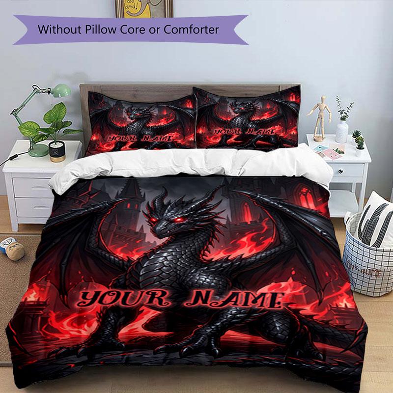 3PC Custom Name Dark Dragon Fantasy Art Bedding Set Duvet Cover Closure Includes 1 Duvet Cover & 2 Pillowcases for Bedroom