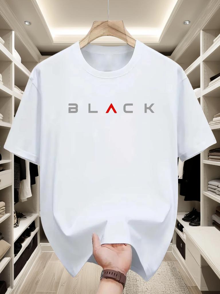 Spring and Summer Mens Clothing Cotton Fashion Casual Loose Black Letter Pattern Printed Round Neck Short Sleeved Tshirt Top