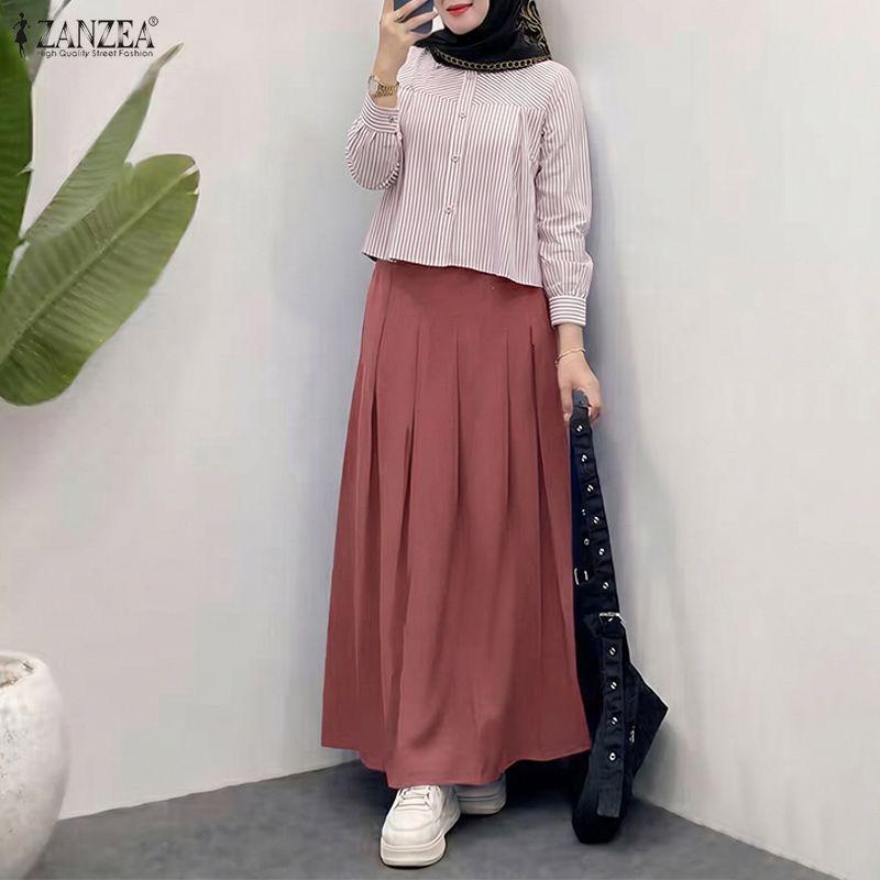 ZANZEA Women Long Sleeve Stripe Blouse and Long Skirts Casual Two Piece Suit Sets