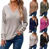 Women Long Sleeve V Neck Solid Button Casual T Shirt