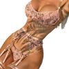 European and American Women Sexy Lingerie Set Metal Chain Lace Mesh Hollow Out Underwear Set Two-Piece Bra and Thongs Set