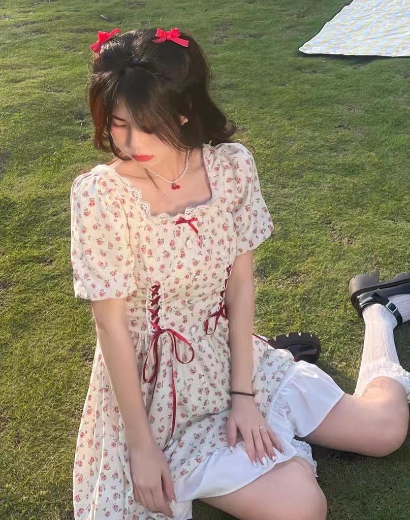 2026 Summer Floral Puff Sleeve Dress with Bow Tie & Lace Ruffle