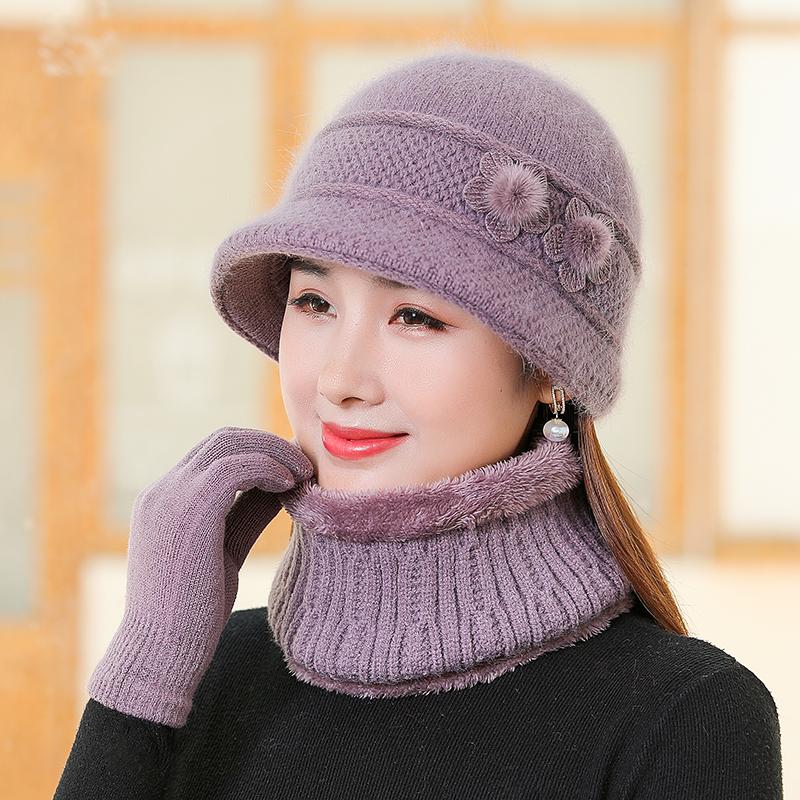 New Women Winter Hat Thick Warm Knitted Hat Scarf Gloves 2Pcs Set Fashion Hats Middle-Aged Mother Flowers Rabbit Fur Bucket Hat