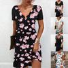 Ladies Casual Positioning Print V-Neck Lace Panel Short Sleeve Dress