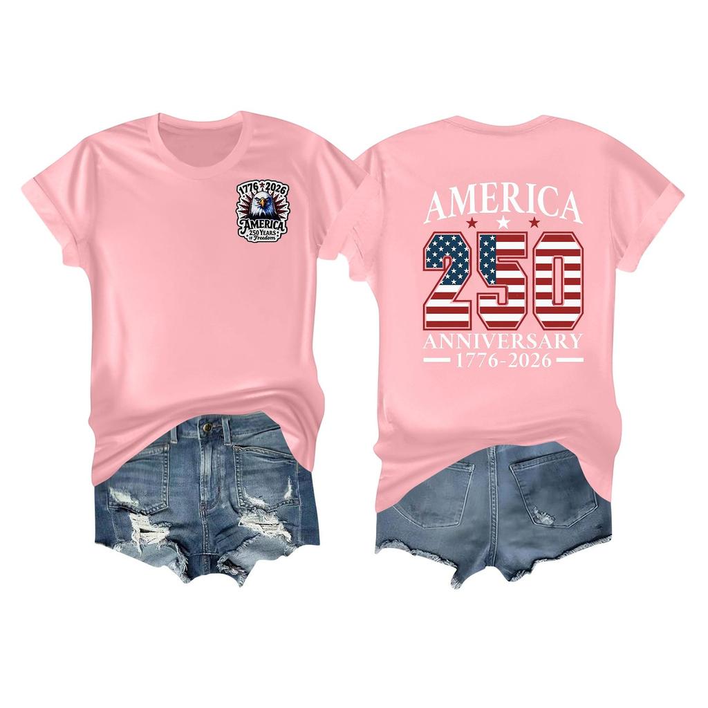 Women's Casual Independence Day 250 Anniversary Printed T-shirt Round Neck Pullover Short Sleeve Top