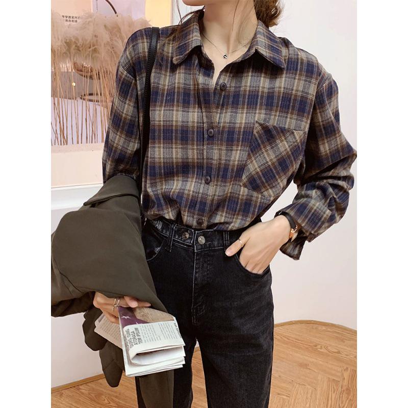 Women's Korean Dongdaemun Plaid Shirt - Long Sleeve, Versatile, Hong Kong Style Design for 2025 Spring & Autumn
