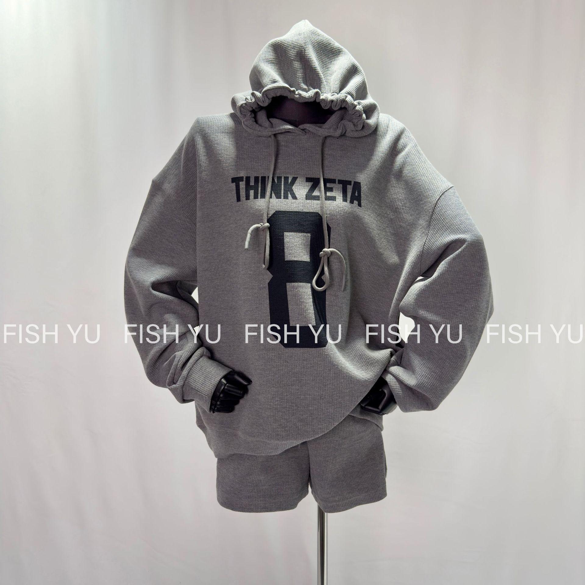 

FISHYU Худи с принтом из 8 букв и шорты с эластичной талией для женщин, комплект для ранней осени S серый