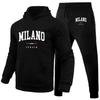 City-print Men Hoodie & Jogger Set Chest Milano City Text Print, Matching City Mark on Pants, Thick Fleece Outfit for Outdoor Sport Trips