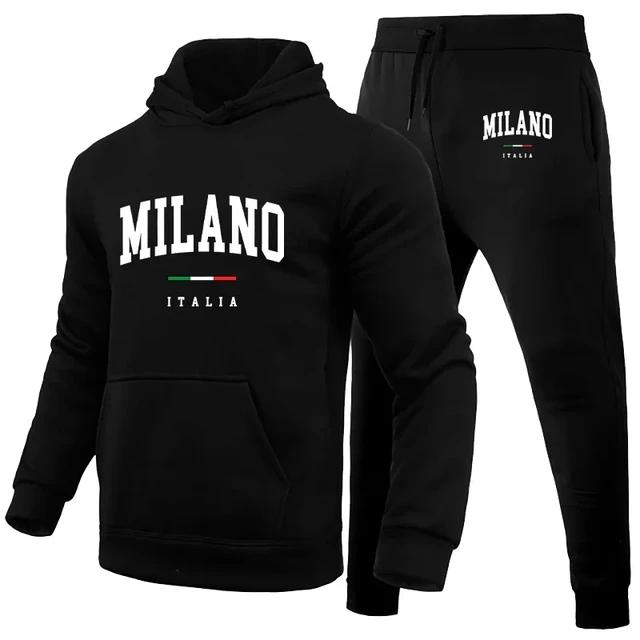 City-print Men Hoodie & Jogger Set Chest Milano City Text Print, Matching City Mark on Pants, Thick Fleece Outfit for Outdoor Sport Trips