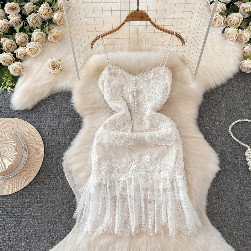 White Lace Feather Slip Dress Summer Fairy Heavy Work V Neck Elegant Birthday Dress Sexy Pure Dress