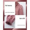 Demana Elegant Peach Velvet V-Neck Lace Puff Sleeve Dress