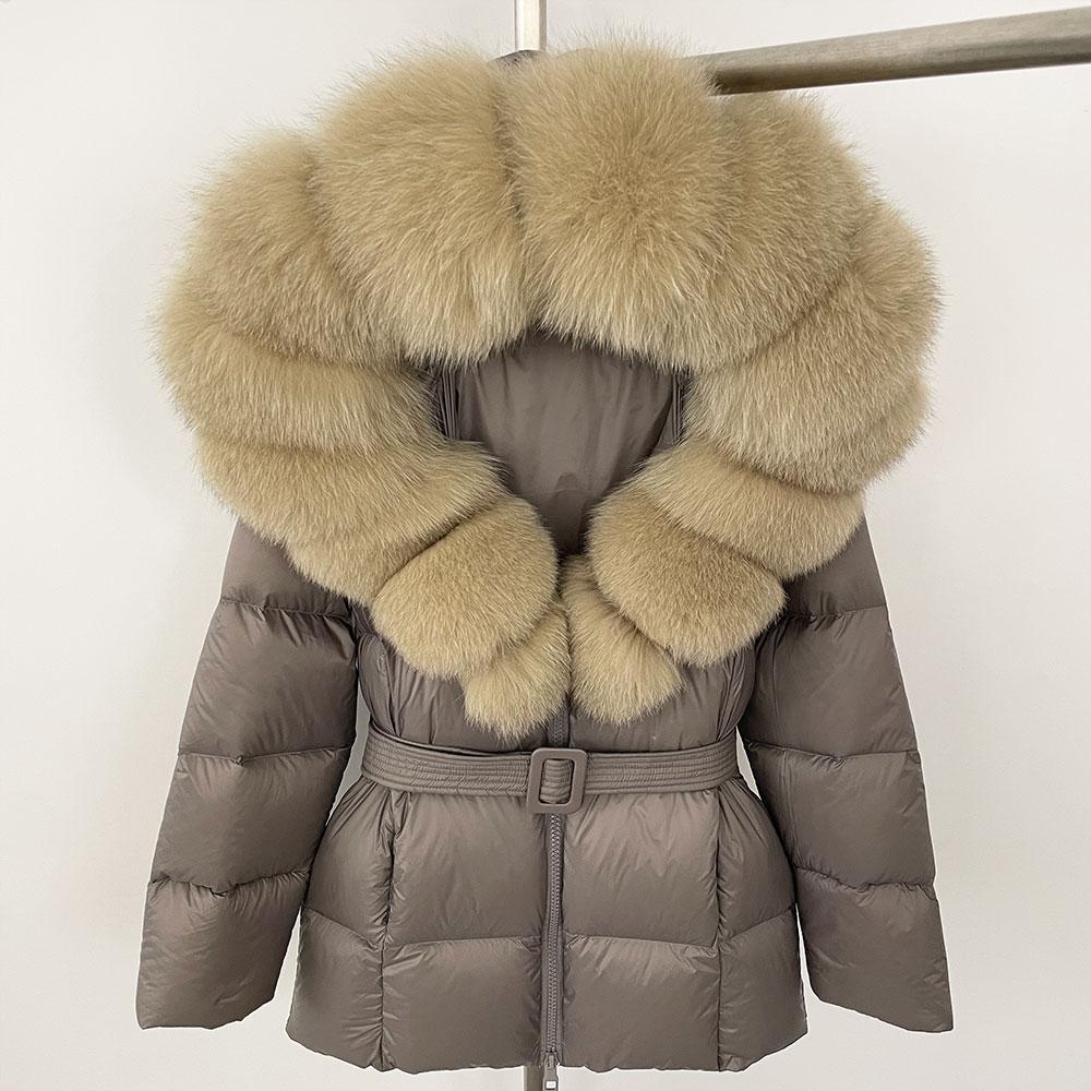 OFTBUY 2024 Jachetă albă din puf de rață, groasă, caldă, 90%, jachetă de iarnă pentru femei, cu guler de blană de raton naturală, cu glugă, casual