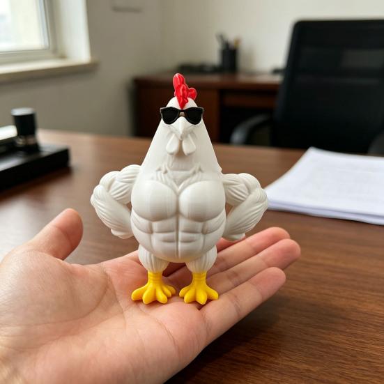3D Printed Muscle Chicken Figurine Funny Cool Rooster Statue with Sunglasses Collectible Muscular Cock Desktop Ornament for Home Office Executive Desk