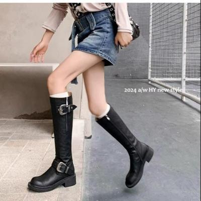 Retro braune Stiefel mit dickem Absatz Damen Herbst und Winter neu Gürtelschnalle Ritterstiefel Western hohe Stiefel