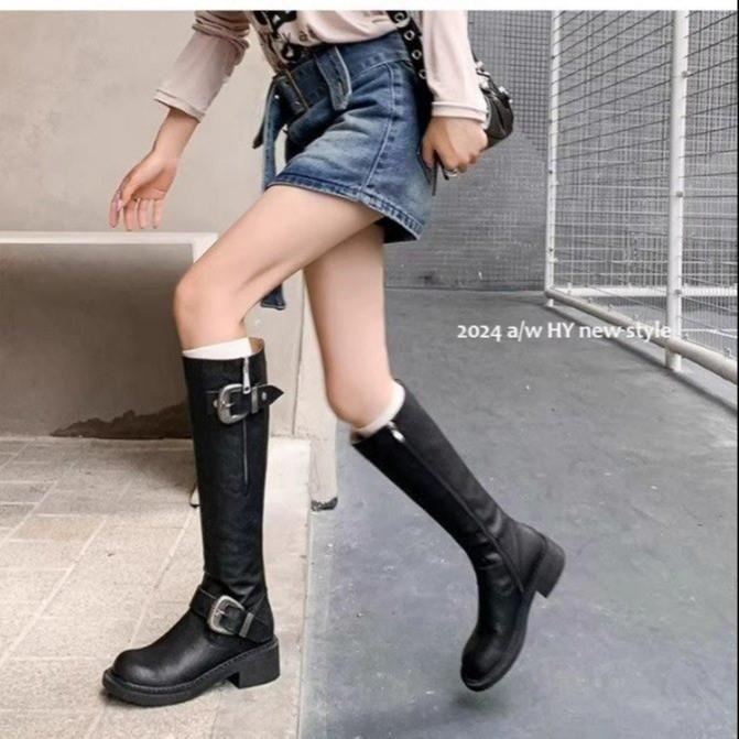 

Vintage Maillard brown thick heel boots women s autumn and winter new British style belt buckle knight boots western high boots 40 чёрный