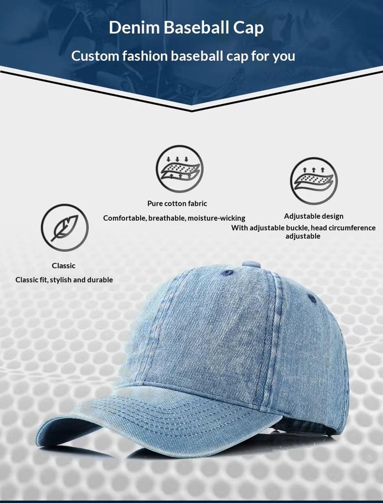 Customized High Quality Washed Denim Fabric Baseball Caps Exclusive 3D Embroidered Logo Printed Sporty Formal 100% Cotton Sports