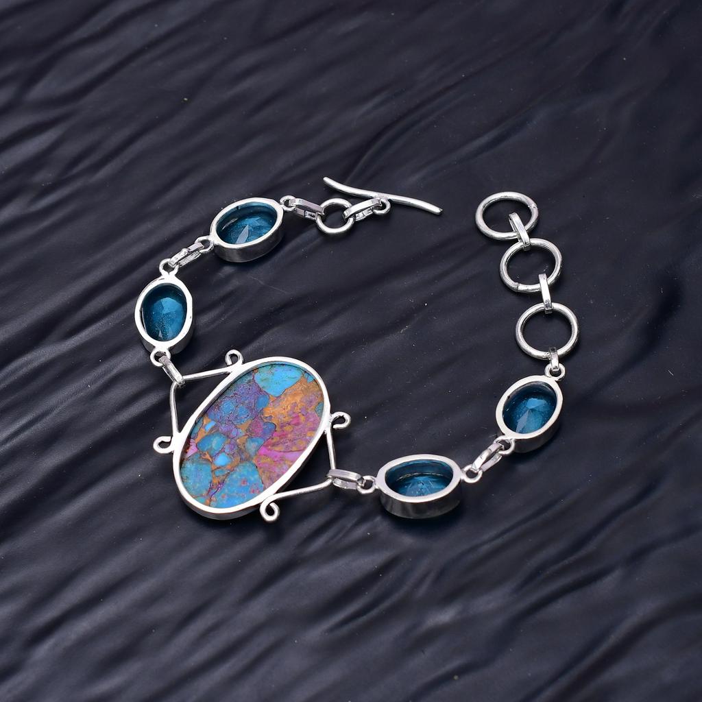 Pink Dahlia & Blue Topaz Gemstone : 925 Sterling Silver Handmade Multi Gemstone Bracelet Jewelry