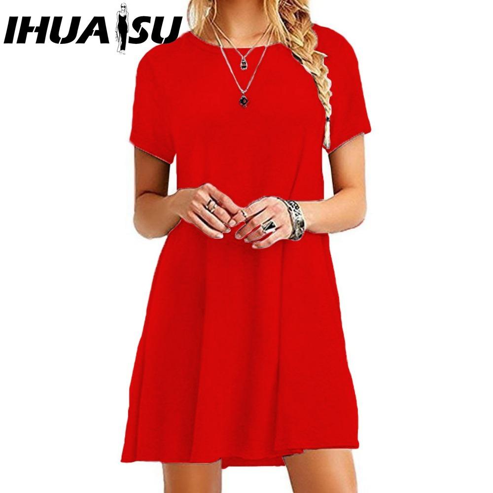 

IHUASU Женская мода Лето Весна Однотонный принт Короткий рукав Круглый вырез Повседневные платья M красный