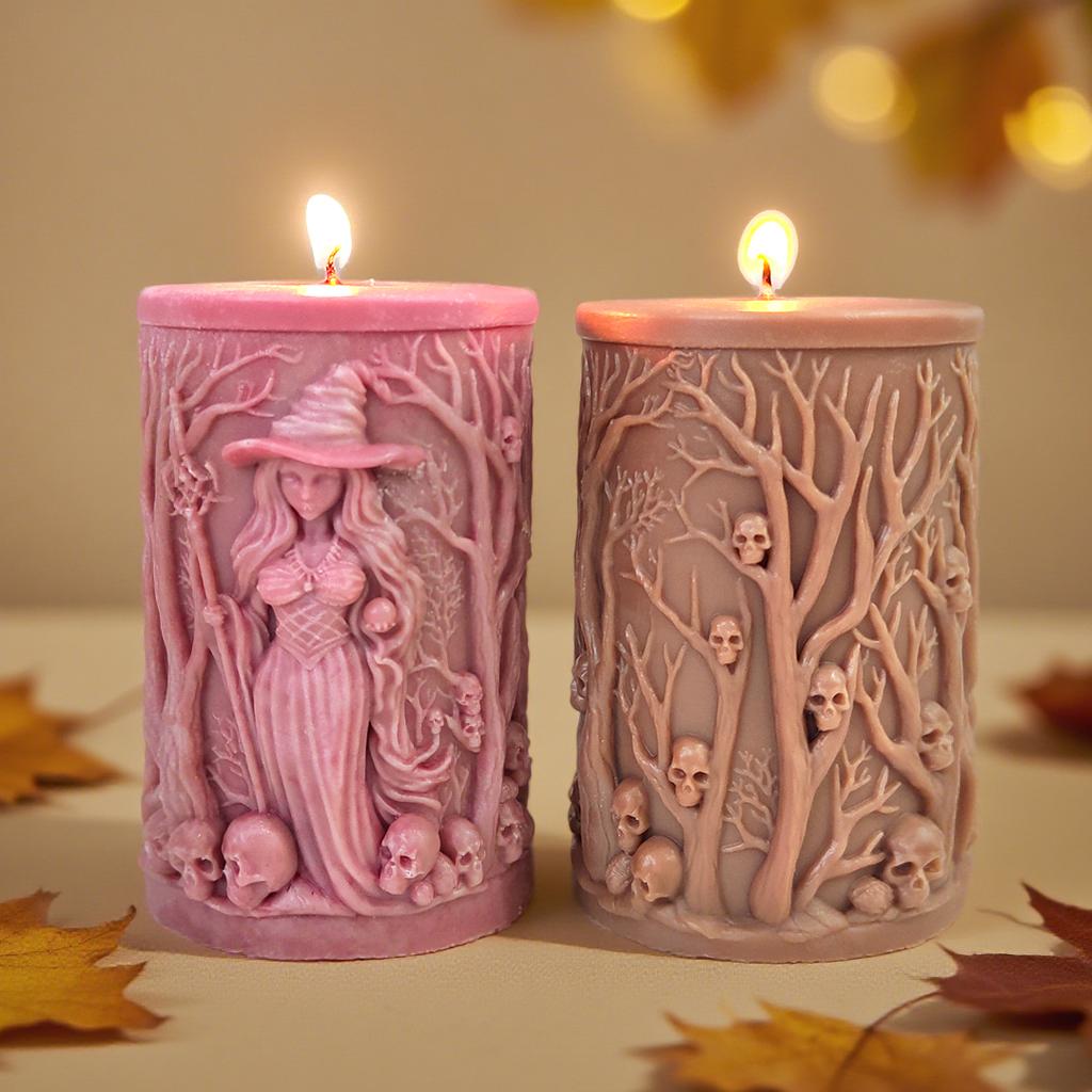 3D Relief Häxkalle Cylinder Silikon Ljusform Halloween Aromljus Gips Hartsform DIY Ljusgjutningsmaterial
