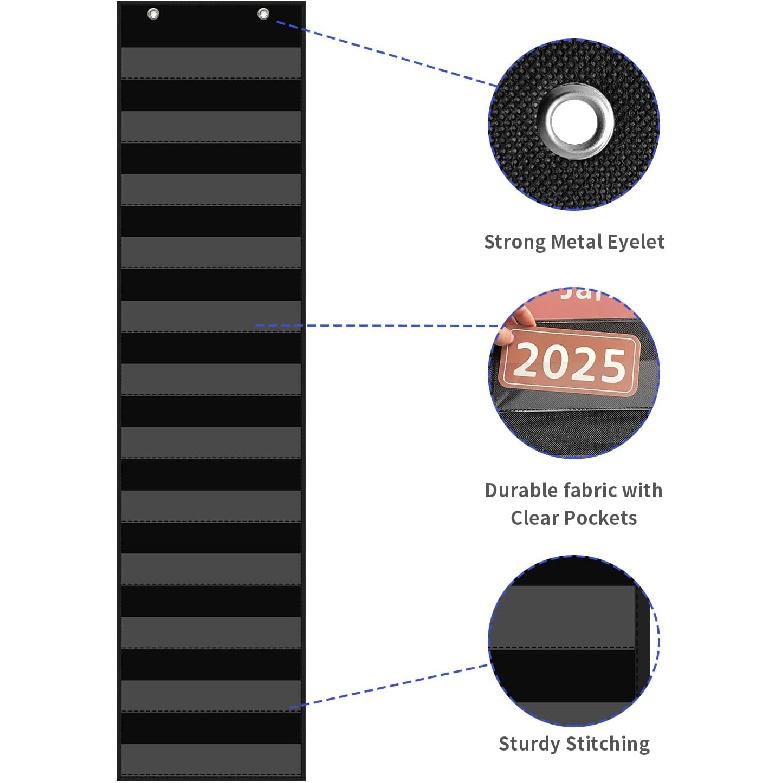 10”W x 48.25”H Classroom Words Pocket Chart with 12 Clear Pockets, Black Standard Pocket Chart for Classroom and Home for Sentence Strips, Reble