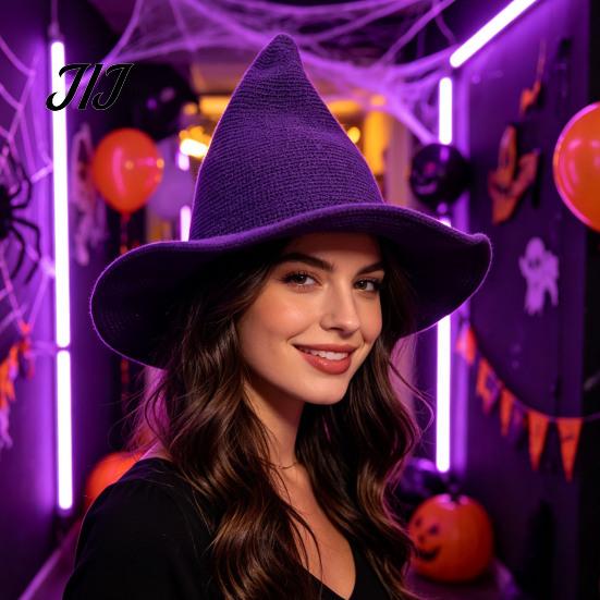 Witch Hat for Halloween Women Pointed Hat, Foldable Wide Brim Knitted Cap, Masquerade Party Prop Cosplay Autumn Winter, Themed Costume Accessory