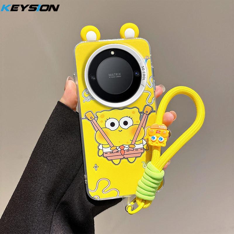 KEYSION Cute Ear Cartoon Case for HONOR X9A 5G with Lanyard Soft Silicone+PC Shockproof Phone Cover for Huawei Magic 5 Lite 5G