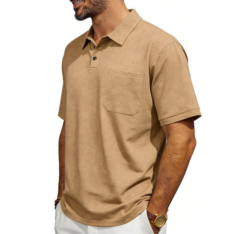 Men Washed Lapel Collar Polo Shirt Summer Loose Short Sleeve Pocket Casual Top S хаки