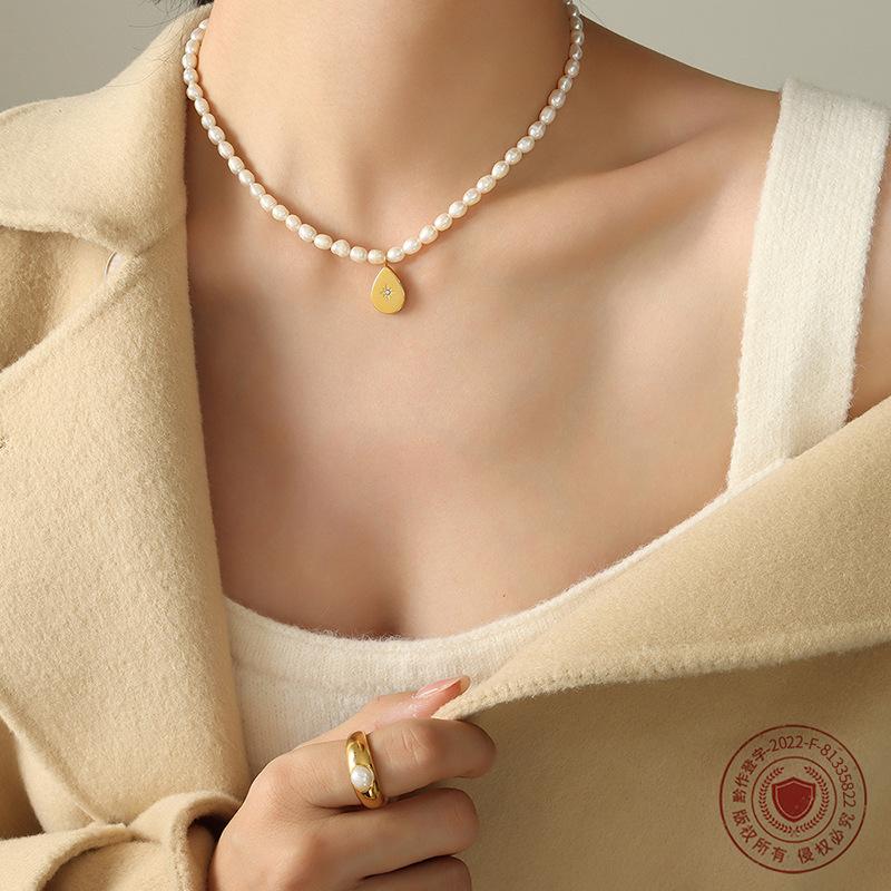 Water Drop Shape Inlaid Zircon Pendant, Freshwater Pearl Necklace, French Style Romantic Gift Jewelry