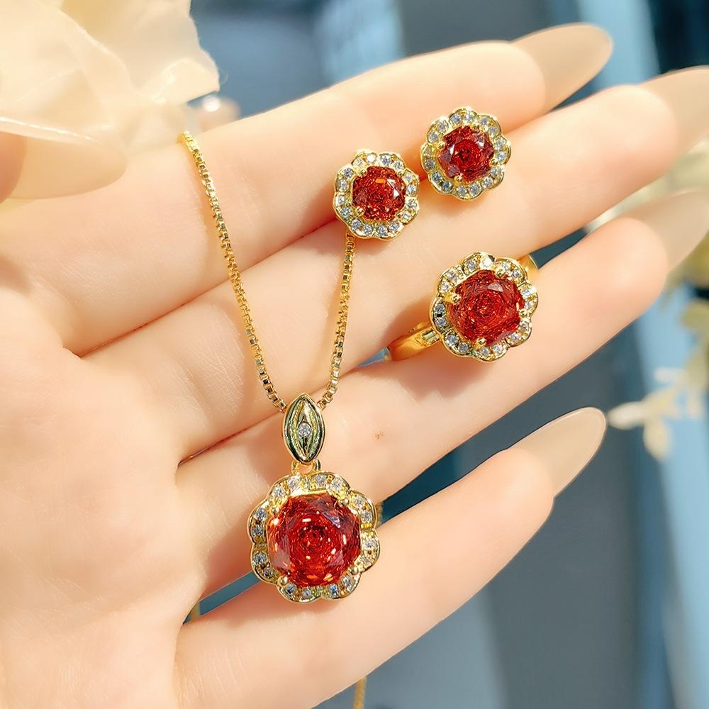 Exquisite Colorful Octagon Millennium Rose Cut Paraiba Ring Set Light Luxury High Carbon Diamond Redstone Stud Earrings Pendant