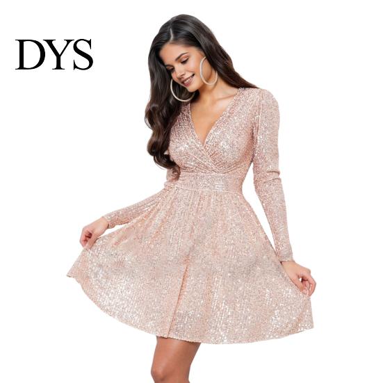 Elegant Evening Dress Women's Sparkling Sequin Mini Long Sleeve V-Neck Party Women Short Slim Fit Lady Cocktail for Parties Weddings Clubs Proms Sexy