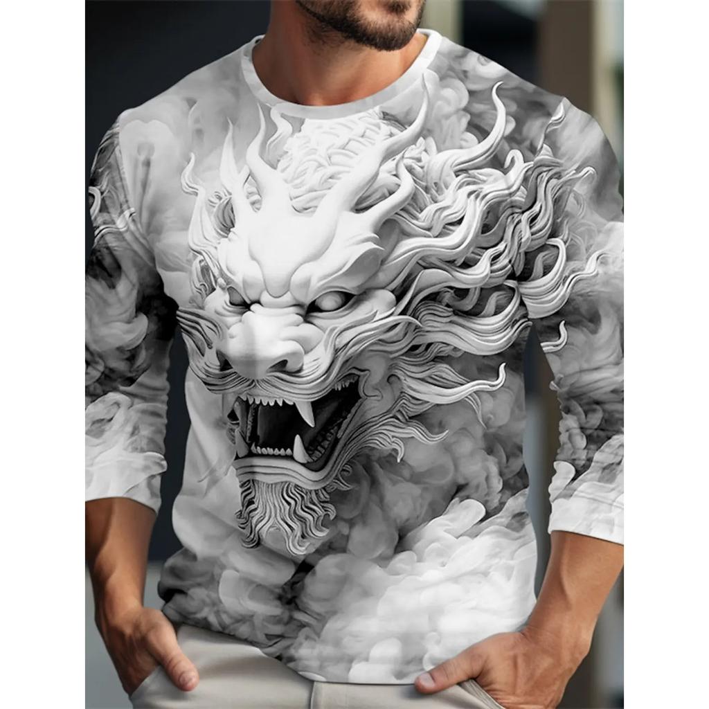 Spring and Autumn Round Neck 3D Dragon Pattern Printed Top Fashionable Casual Long Sleeved Men's T-shirts