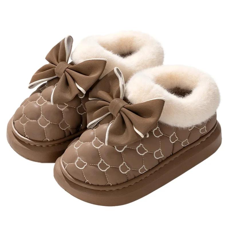 Stivali da neve da donna, invernali, caldi e spessi, alla caviglia, antiscivolo, con fiocco in pelliccia, scarpe in cotone, comodi, impermeabili, in peluche