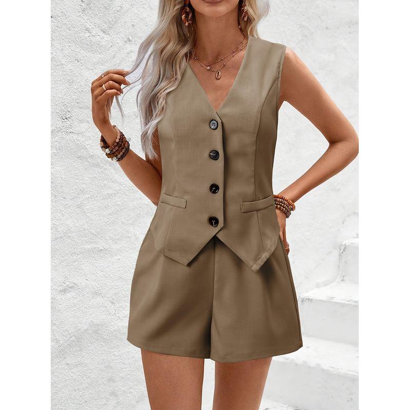 Western Style New Fashion Casual Loose V-neck Button Vest Shorts Set Vest and Shorts Set