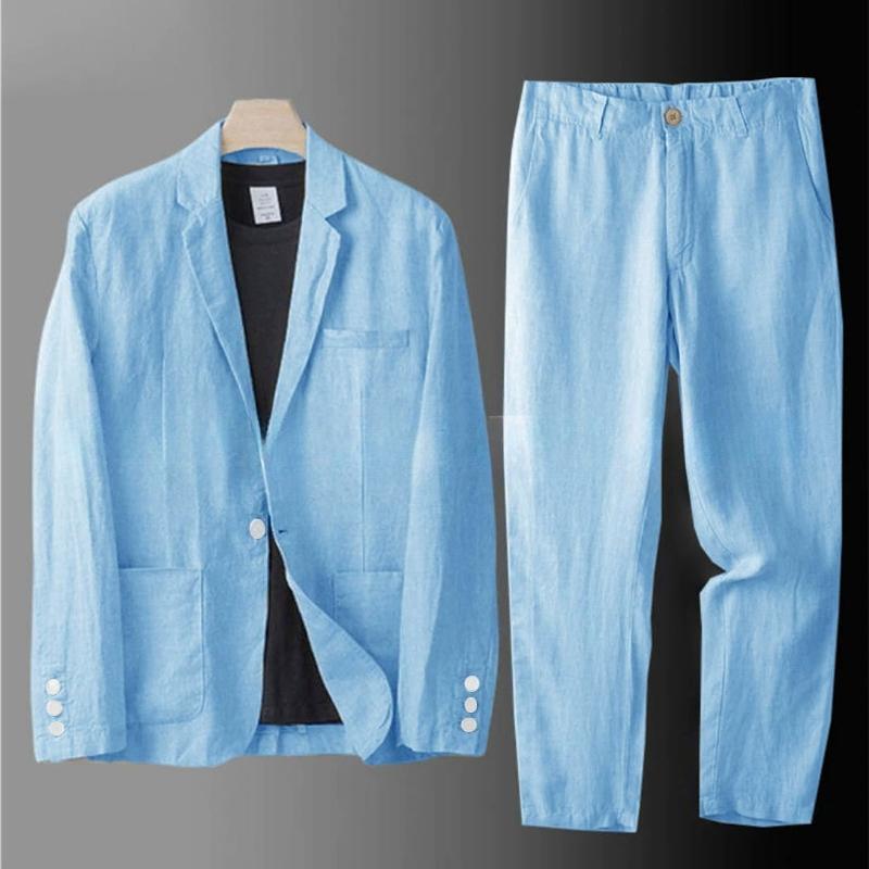 Men's Summer Korean Style Linen Suit Slim Fit Thin Cotton Linen Casual Loose Jacket Sun Protection Two-Piece Set
