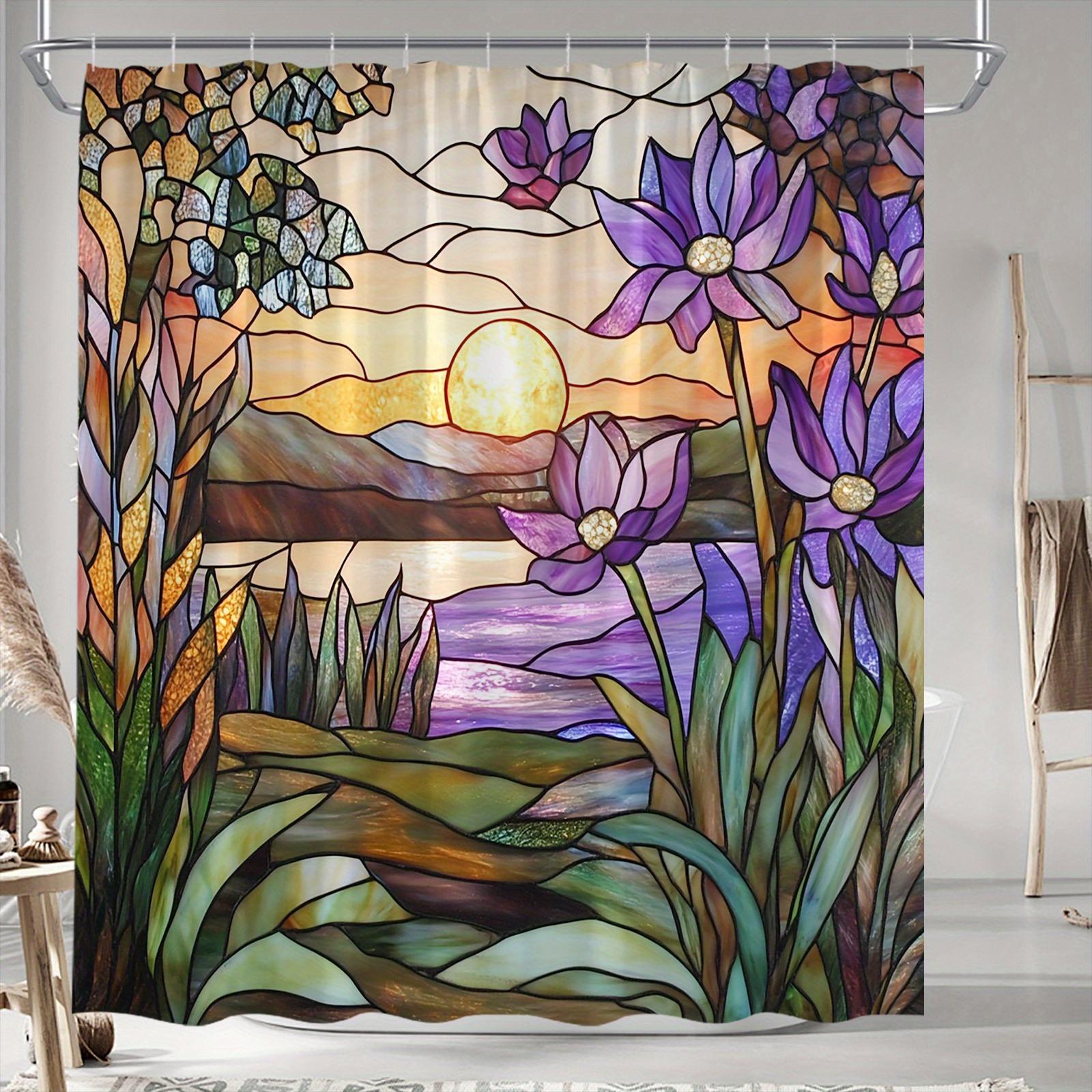 Serene Sunset Lake Shower Curtain - Digital Stained Glass, Mosaic Art, 70.8x70.8In, Polyester, 12 Hooks, Machine Washable W90XH180cm