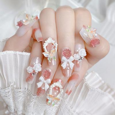 2024 Neu 24 Stück Eine Schachtel Tragbare Press-On Falsche Nägel Schmetterling Perle Schleife Blume Mode Tragen Nagel Hochzeit Party Nagelpflaster