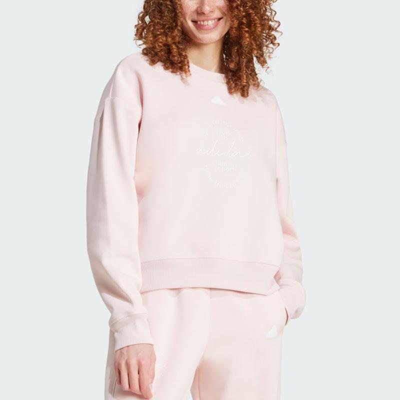 Adidas Signature Print Fleece Loose Logo Casual Sports Crewneck Long Sleeve Sweatshirt Women Sweatshirt Pink IY1455
