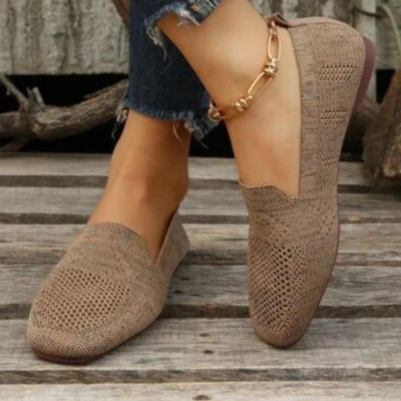 Solid Color Square Mesh Loafers Shallow Women Flats Soft Bottom Knit Ballet Flats Shoes Casual Shoe