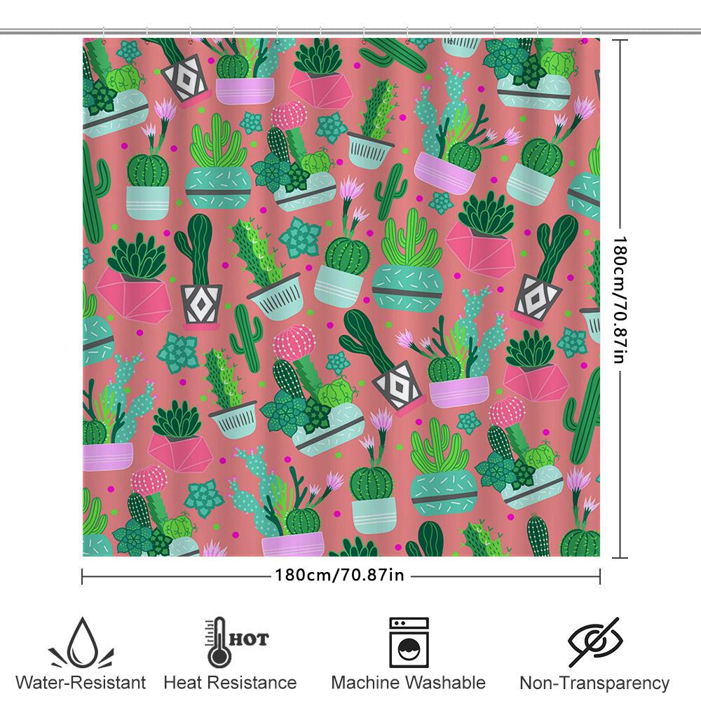 Vibrant Cactus Prints Shower Curtain Cute Bathroom Decor For Girls Women Pink With Greenery Pattern Made From Environmentally Fr