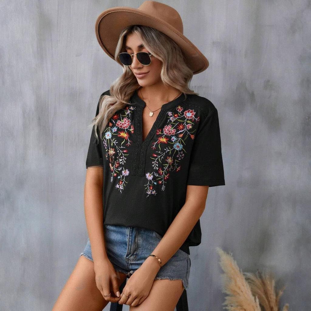 Womens Spring Tops Embroidered V Neck Summer Shirts for Women Casual Short Sleeve Womens Summer Shirts Dressy Tops for Women
