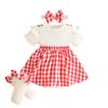 Cross0 Baby Girl Plaid Dress Set: Summer Short-Sleeve Dress + Bow Foot Cover + Hair Tie