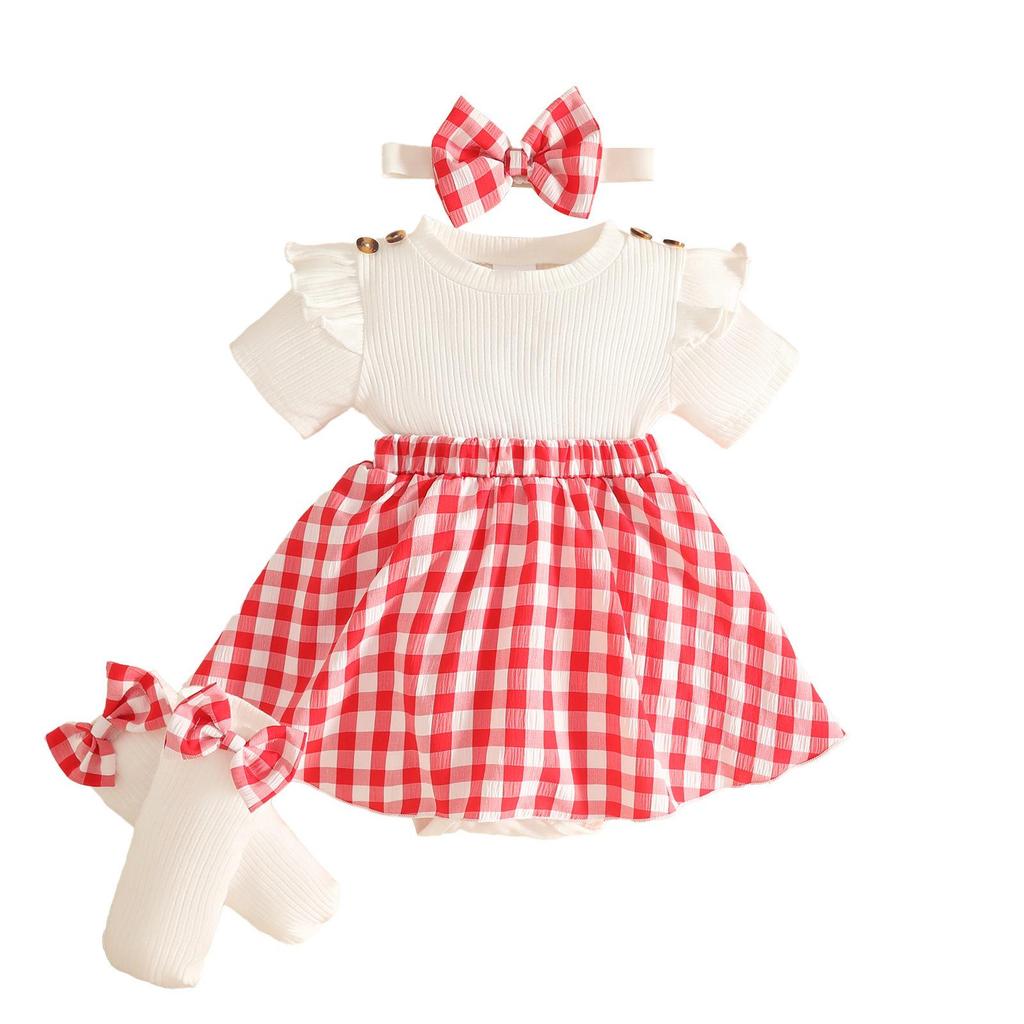 Cross0 Baby Girl Plaid Dress Set: Summer Short-Sleeve Dress + Bow Foot Cover + Hair Tie