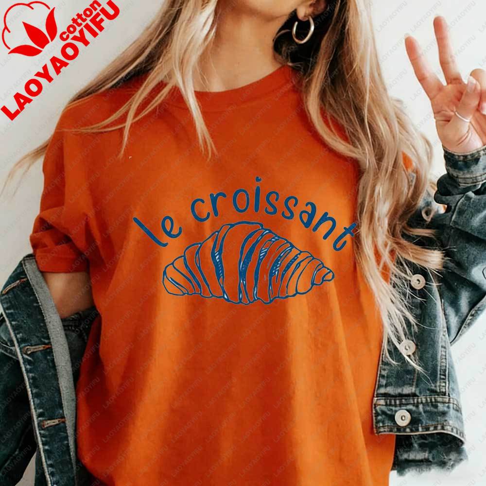Damen Minimalist Le Croissant T-Shirt Französisch Blau Linienkunst Grafik-T-Shirt Baumwoll-T-Shirt Sommer Ästhetik Pariser Essensliebhaber Oberteile