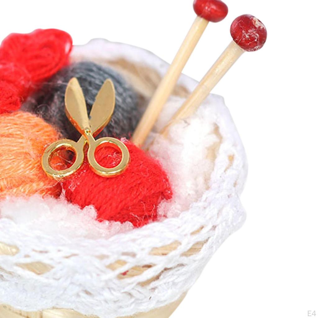 1/12 Dollhouse Woolen Yarn in Basket Knitting Miniature with Scissors for