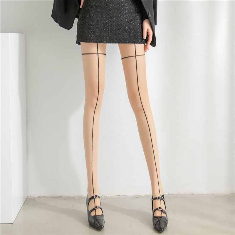 Black Silk Sexy  Girl Front and Back Shrimp Line Leg Ring Cross Bottoming Stockings Slimming Thin Straight Line Outer Wear Pu