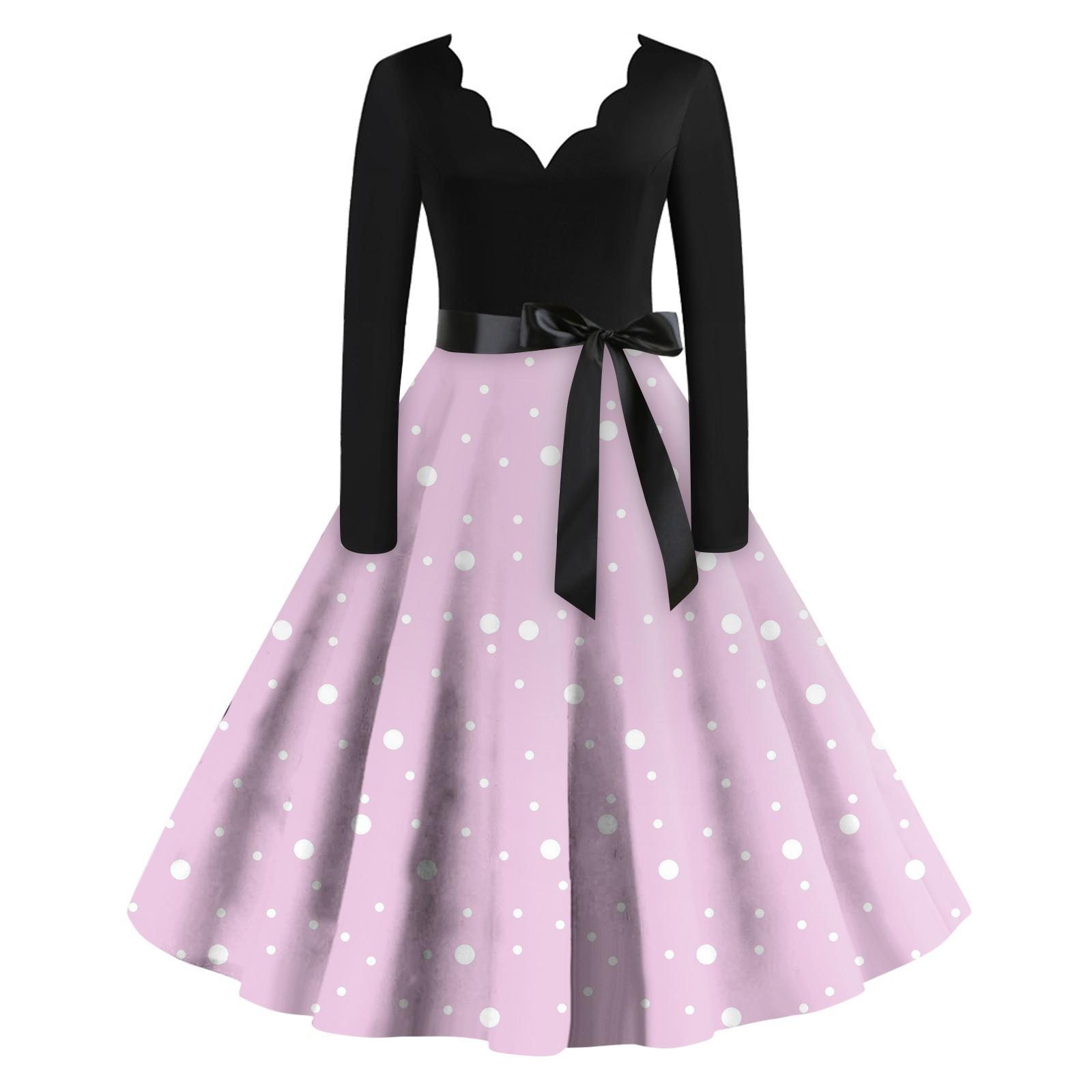 Женское повседневное модное платье с V-образным вырезом и длинными рукавами в стиле ретро — фото 14