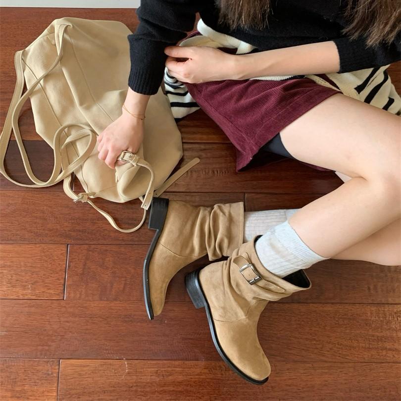 ~ Design niche western cowboy boots round head wide tube folded flat bottom belt buckle short boots women's knight boots